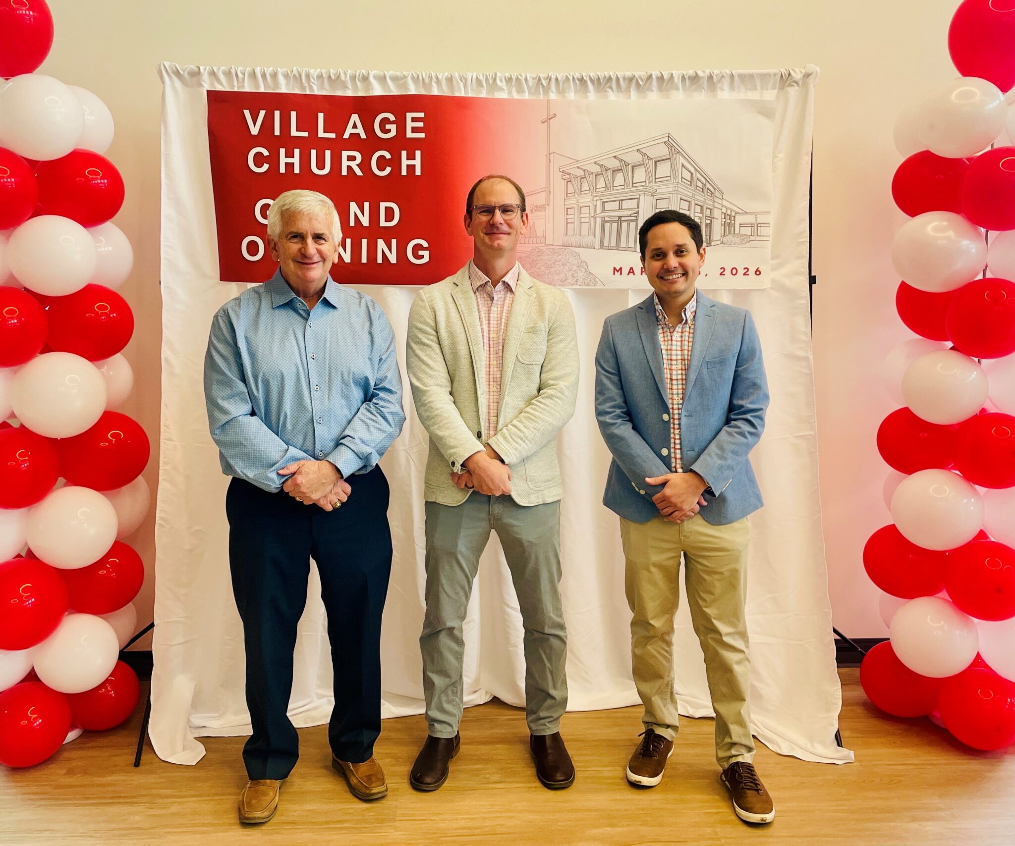 A picture of Scott Garvin, David Sickinger, and Michael Caraballo at the dedication service for the Village Church New Sanctuary